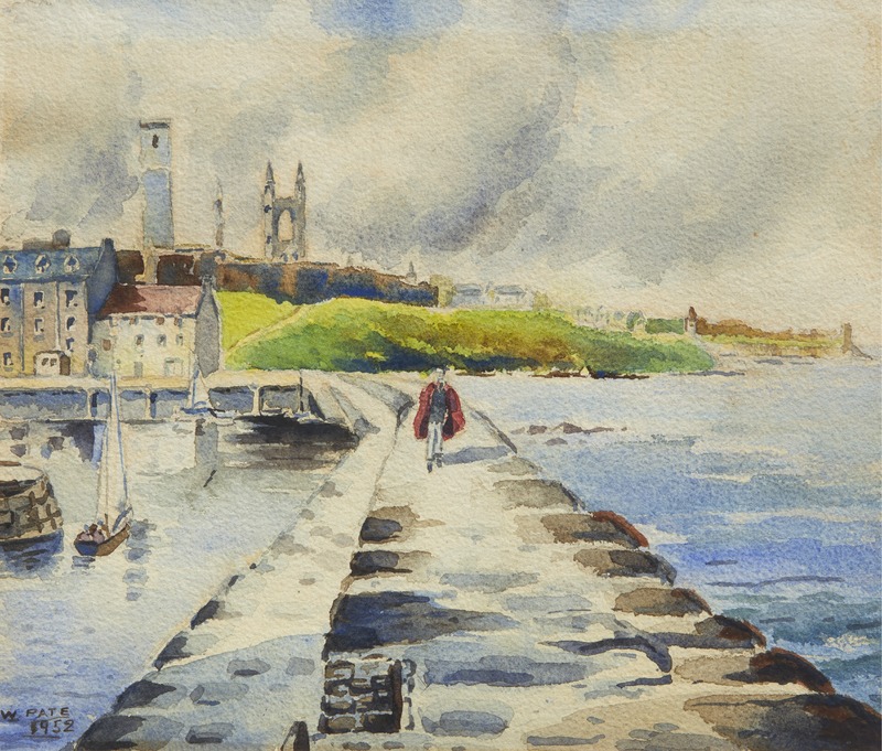Student in red gown on St Andrews pier.