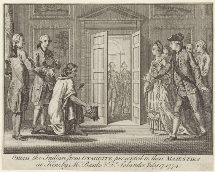 Omiah the Indian from Otaheite presented to their Majesties at Kew by Mr Banks & Dr Solander