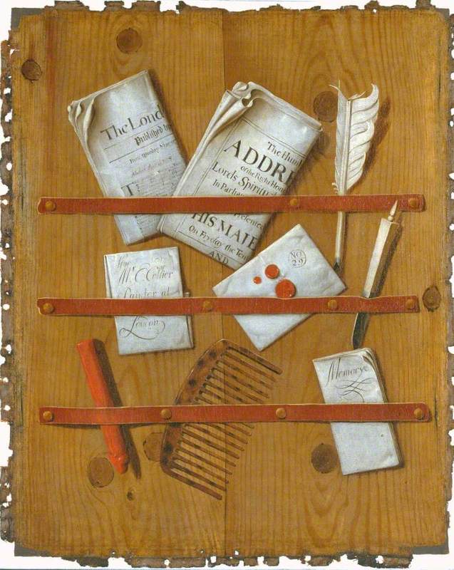 A Trompe l'oeil of Newspapers, Letters and Writing Implements on a Wooden Board